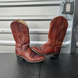 Vintage Cognac Leather Western Cowboy Boots Vul Cork Oil Resistant Sole Men 9.5D